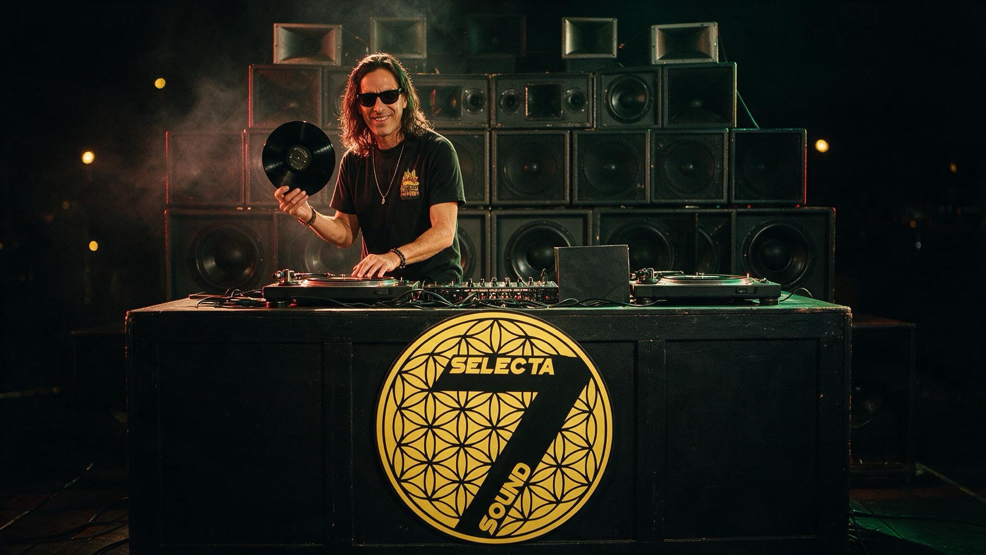 DJ Osha B behind a sound system DJ booth with the Selecta 7 Sound logo on the front, black background